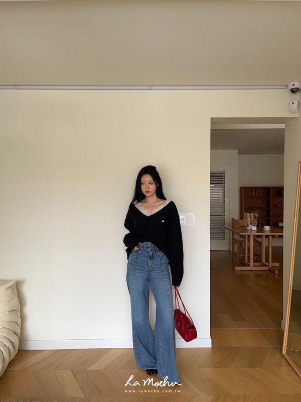 車線雙釦牛仔長褲